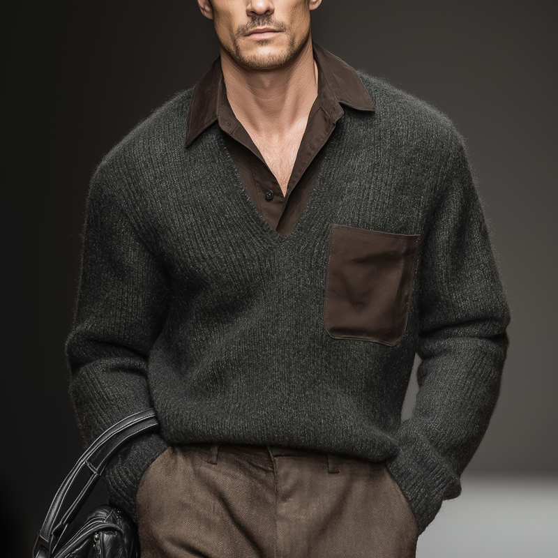 Men's Vintage Dark Green And Brown Fake Two-piece Sweater MTA2399J4U