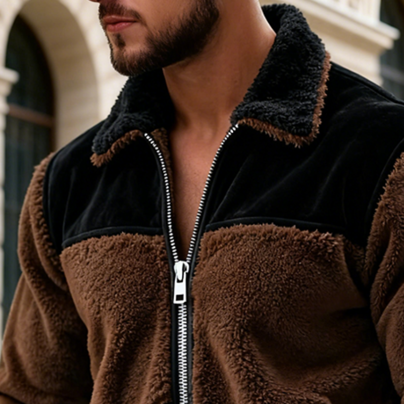 Men's Retro Casual Plush Colorblock Zipper Lapel Jacket MTA2493J2TO