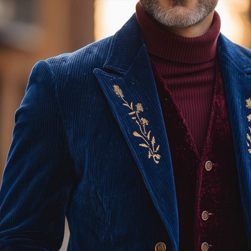 Men's Retro Minimalist Embroidered Glossy Corduroy Button Suit Jacket MTA2143K0P