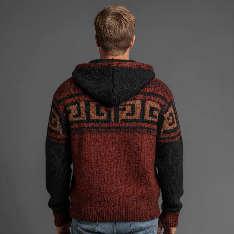 Men's Winter Retro Contrast Color Knitted Jacquard Cotton Yarn Hooded Cardigan MTA2346J1P