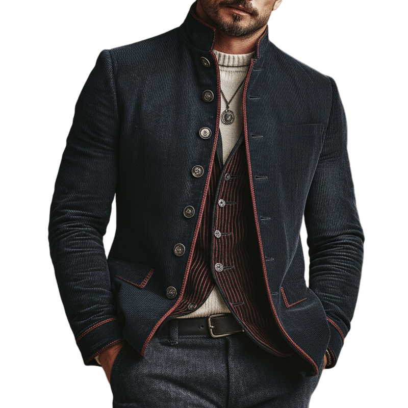 Men's Retro Stand Collar Corduroy Embroidered Lines Slim Fit Jacket