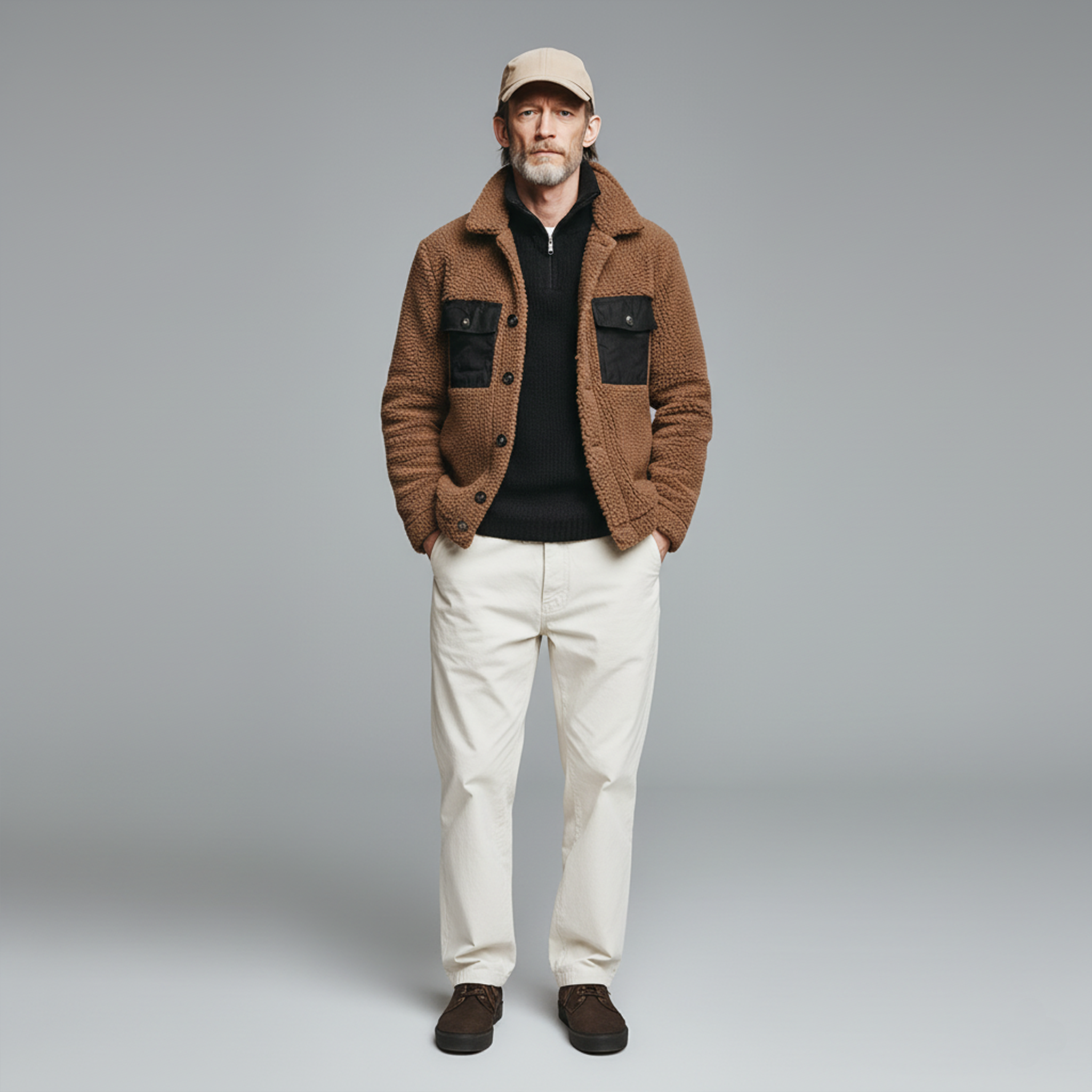 Men's Classic Casual Lapel Cotton Blend Pocket Button Teddy Fleece Jacket MTA1757J2K