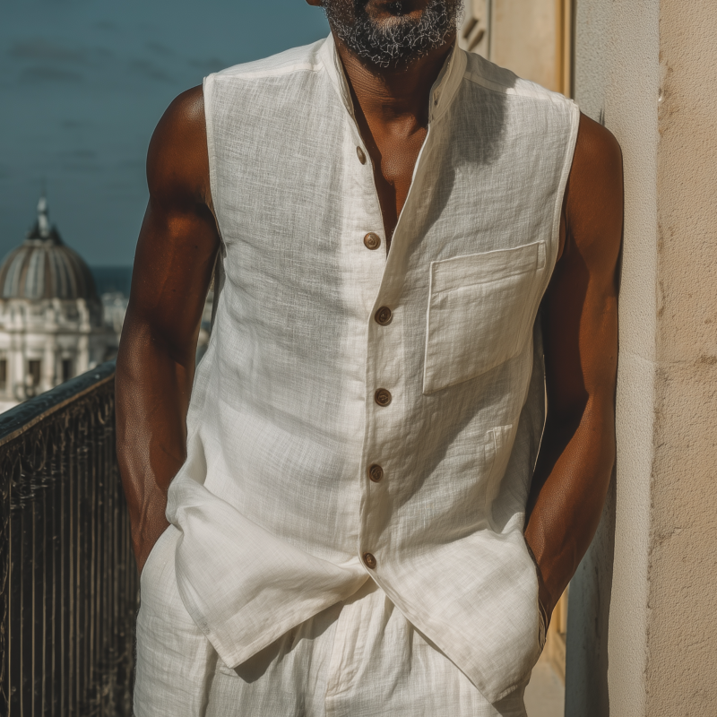 Men's Casual Solid Color Breathable Cotton Linen Stand-up Collar Patch Pocket Slim Sleeveless Shirt MTA1185G2M