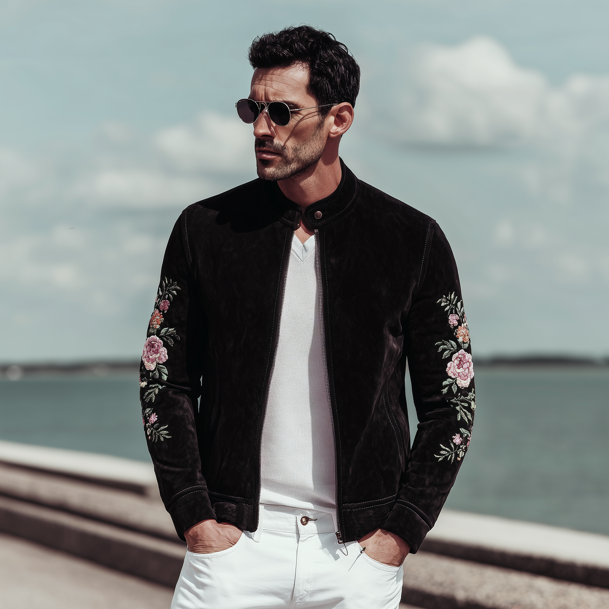 Men's Classic Vintage Stand Collar Suede Elbow Embroidery Zipper Jacket MTA1478H9K