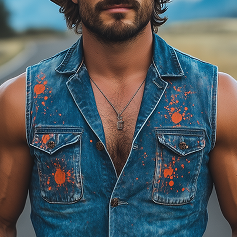 Men's Fashion Casual Washed Denim Personalized Ink Splash V-Neck Slim Vest MTA2426F5K