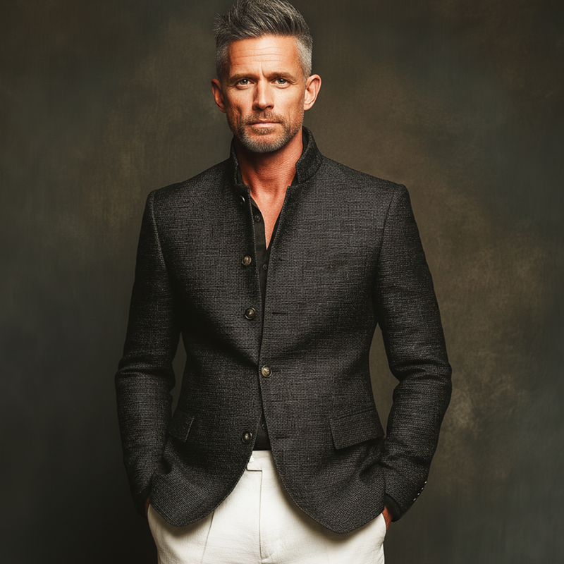 Men's Classic Textured Stand Collar Single-breasted Slim-fit Jacket MTA2804J9U