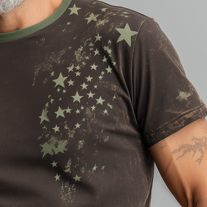 Men's Summer Fashion Star Print Distressed Cotton Blend Short-Sleeved T-Shirt MTA0385G0P
