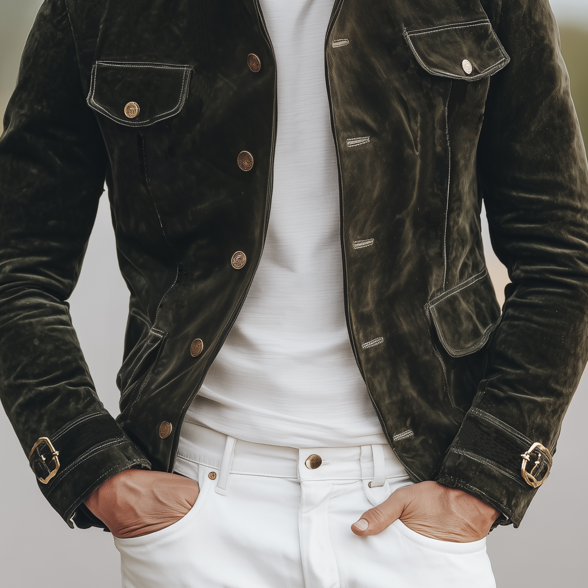 Men's Classic Retro Stand Collar Multi-pocket Suede Slim Jacket MTA3086H2K