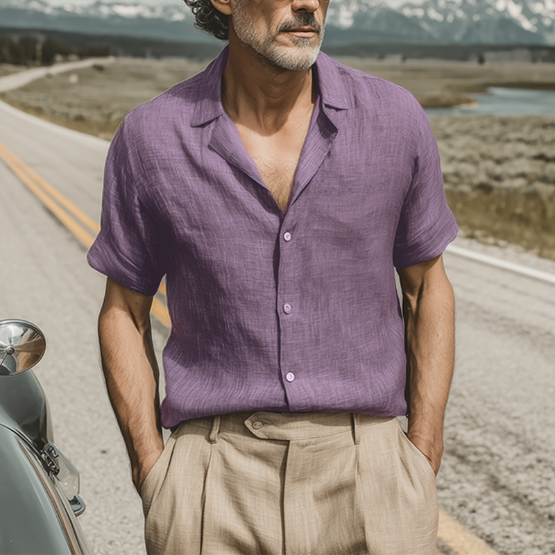 Men's Spring And Summer Classic Casual Cotton And Linen Mixed Color Texture Breathable Short-sleeved Shirt MTA1126G5K