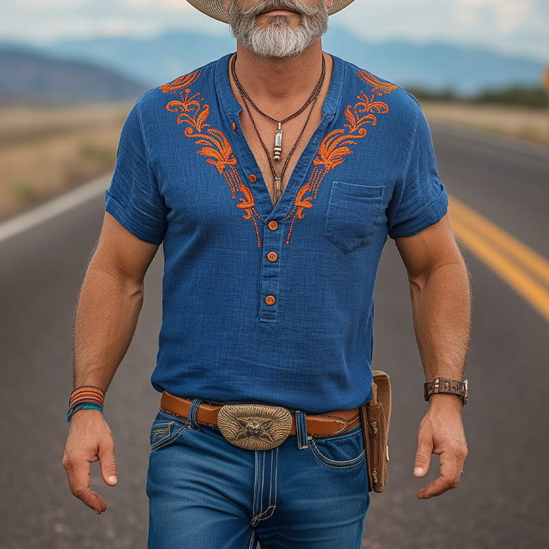 Men's Spring And Summer New Casual Vacation Retro Western Cowboy Style Cotton And Linen Embroidered Henry Collar Short-Sleeved T-Shirt MTA0918E3K