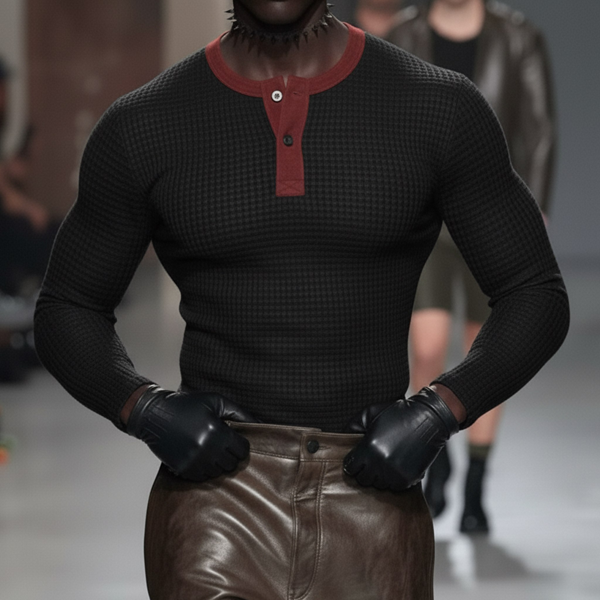 Men's Classic Casual Faux SUede Fabric Henley Neck Patchwork Waffle Knit Slim-fit Long-sleeved T-shirt MTA0832L4K