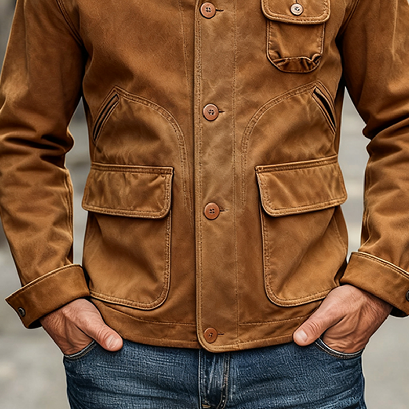 Men's Washed Cotton Lapel Multi-pocket Work Jacket MTA1115K8X