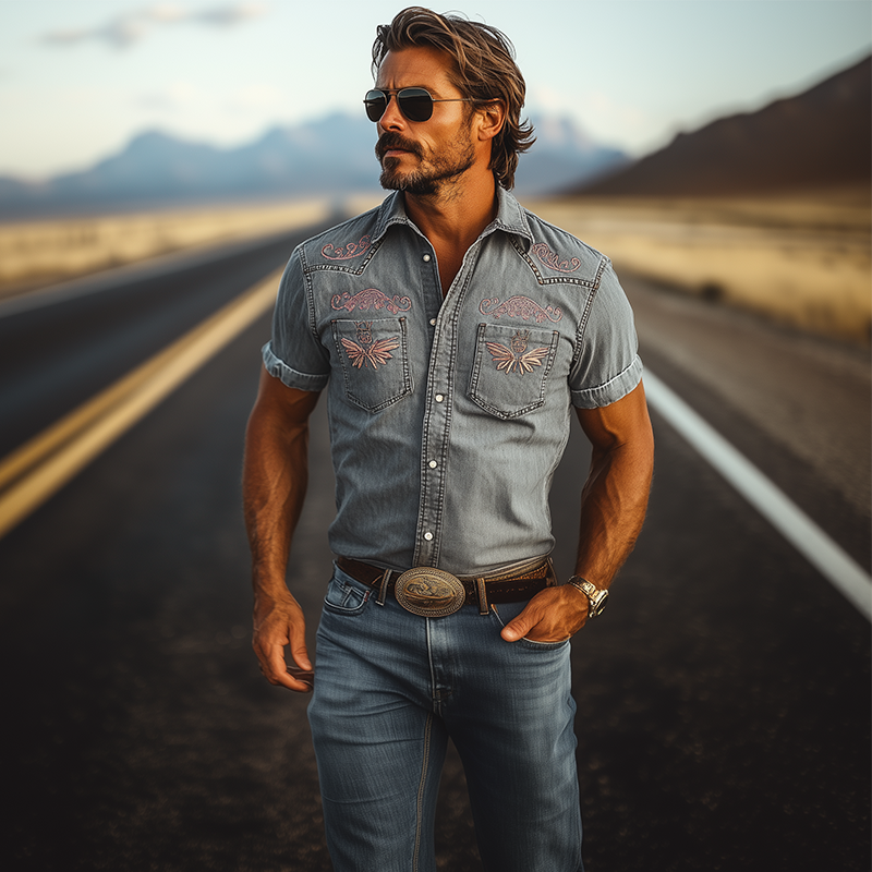 Men's Spring And Summer Fashion Western Tough Style Washed Denim Embroidery Slim Short-sleeved Shirt MTA1201F6K