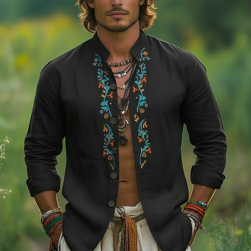 Men's Spring Fashion Embroidered Cotton And Linen Long-sleeved Shirt MTZ0740A8P