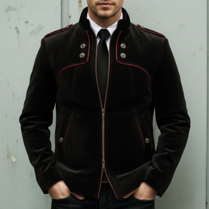 Men's Urban Velvet Stand Collar Zipper Color Block Slim Fit Jacket MTA1850L4U