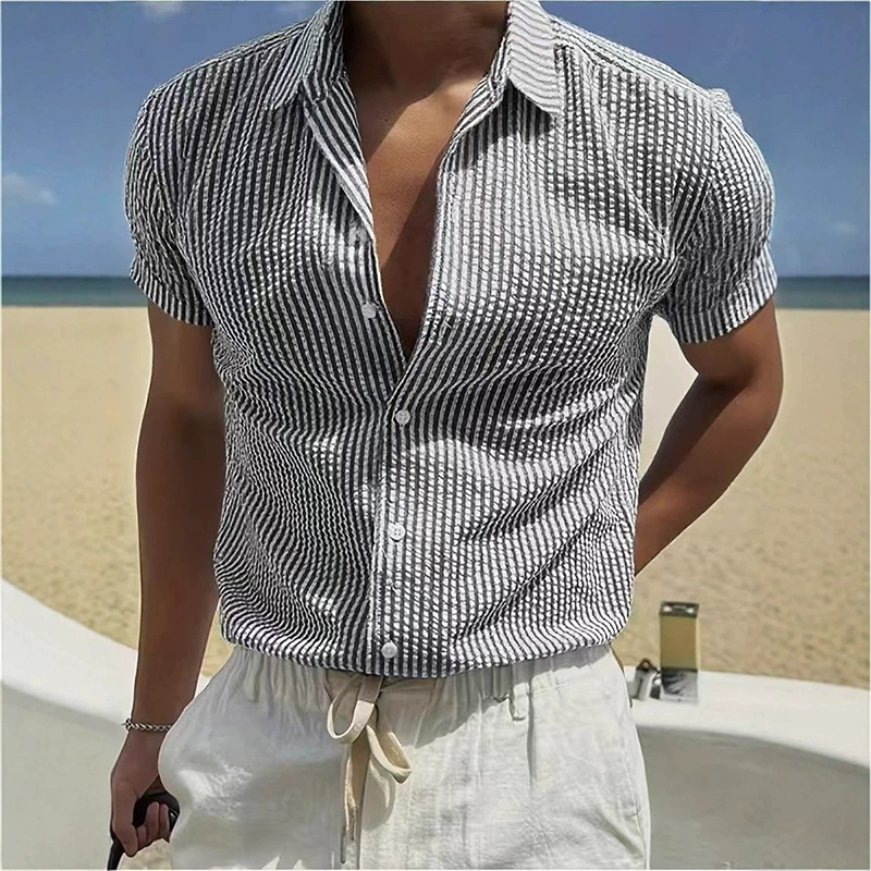 Men's Stripe Print Casual Lapel Short Sleeve Shirt MTA0440H6X