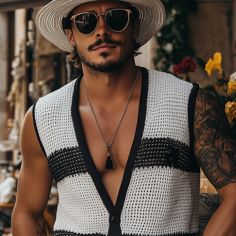 Men's Summer Fashion Casual Black And White Horizontal Striped Deep V-neck Knitted Vest MTA2680F3K
