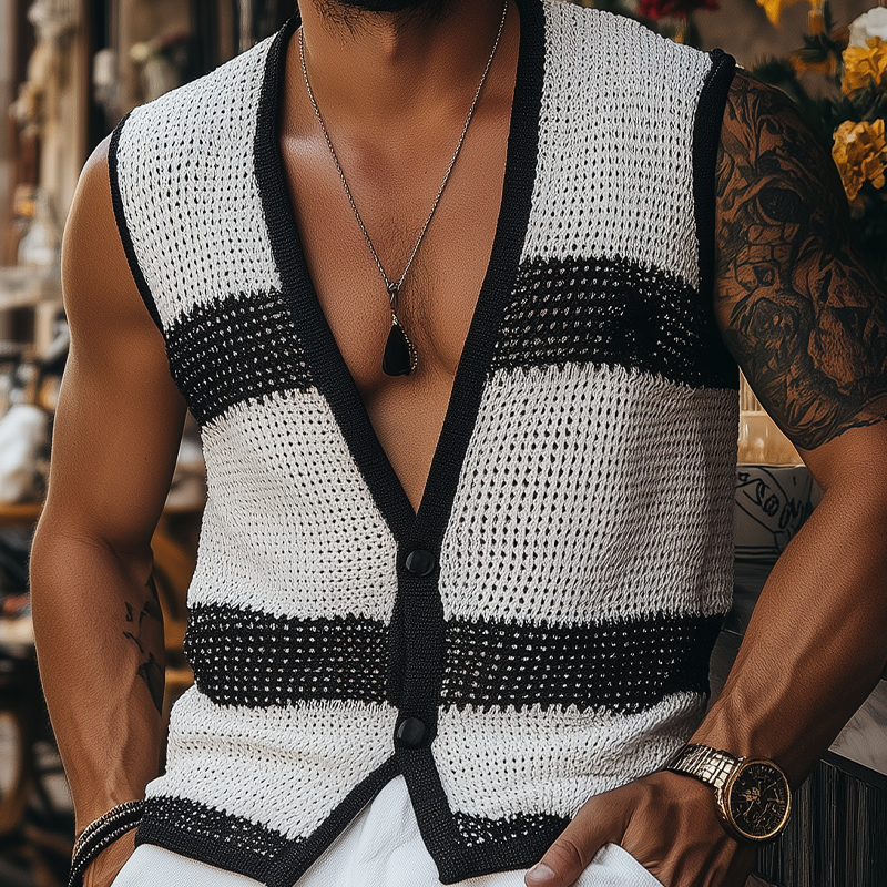 Men's Summer Fashion Casual Black And White Horizontal Striped Deep V-neck Knitted Vest MTA2680F3K