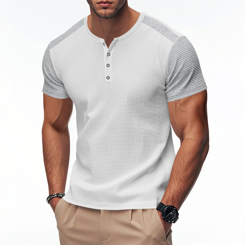 Men's Spring And Summer Fashion Casual Waffle Color Contrast Stitching Henry Collar Short Sleeve T-shirt MTA3021F4K