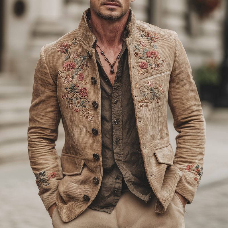 Men's Retro Corduroy Stand Collar Floral Embroidery Double Slit Jacket MTA2094K2U
