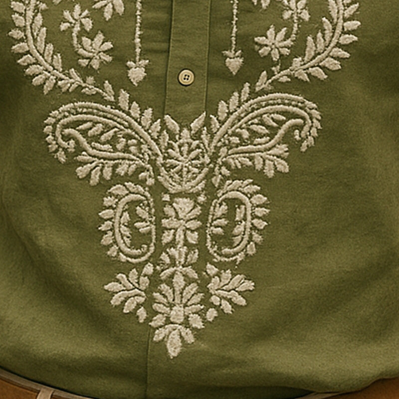 Men's Summer Fashion Solid Color Embroidery Linen Short Sleeve Shirt MTA2338E9P