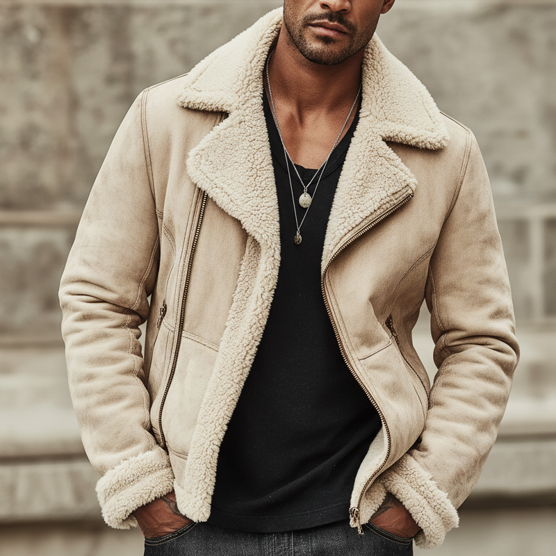 Men's Urban Beige Suede Lambswool Lined Zip-Up Jacket MTA1410K4U