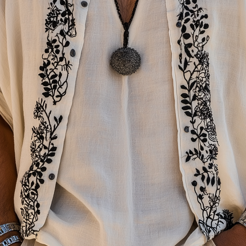 Men's Summer Fashion Simple Embroidery Slub Cotton Short Sleeve Open Shirt MTA1726F8P