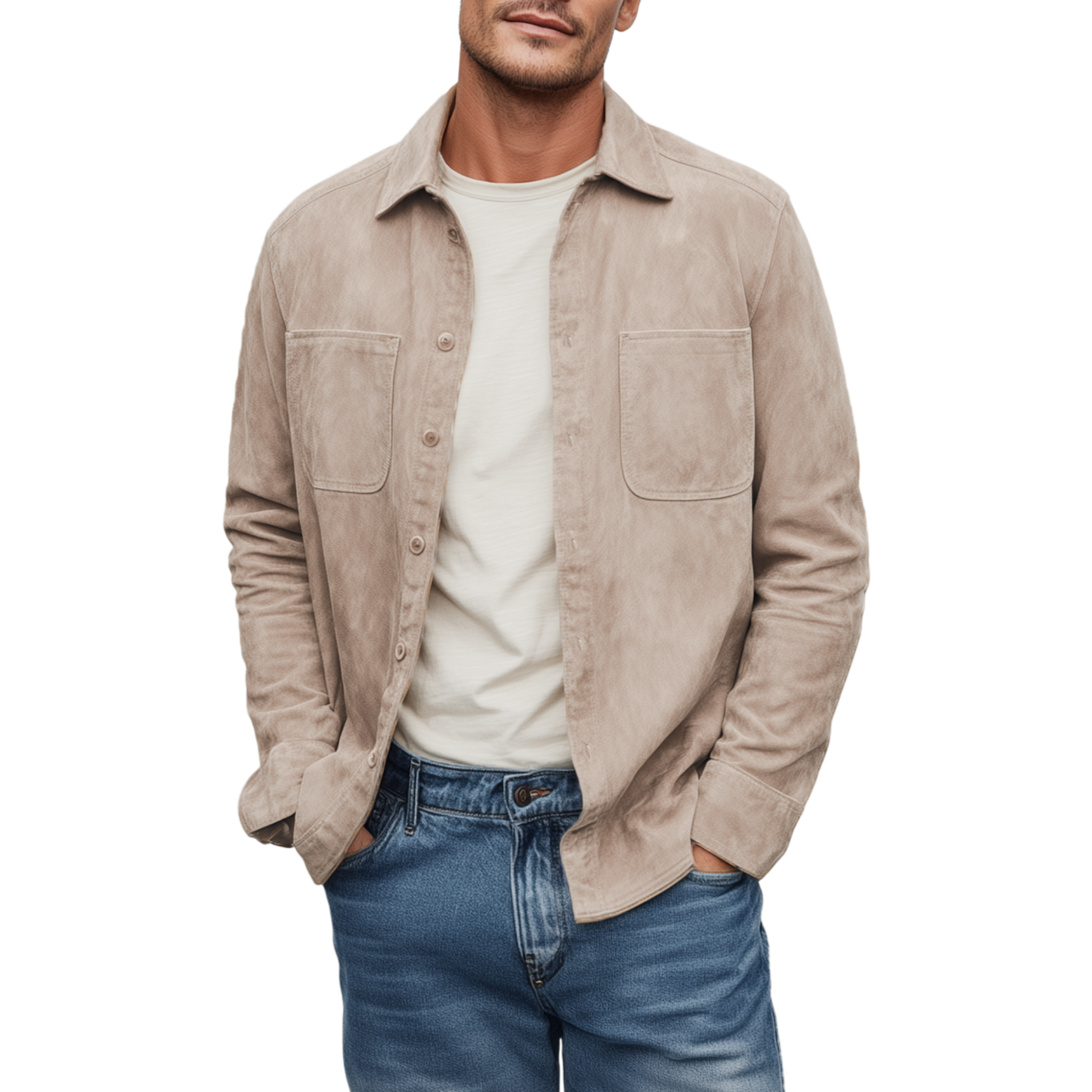 Men's Classic Casual Thin Suede Solid Color Multi-Pocket Long Sleeve Shirt MTA1802G4K