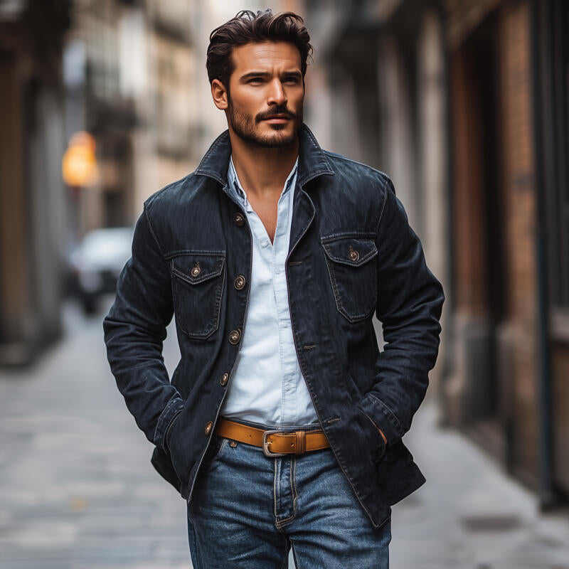 Men's Vintage Washed Distressed Denim Lapel Single-breasted Flap Chest Pocket Loose Cargo Jacket MTA2134H7M