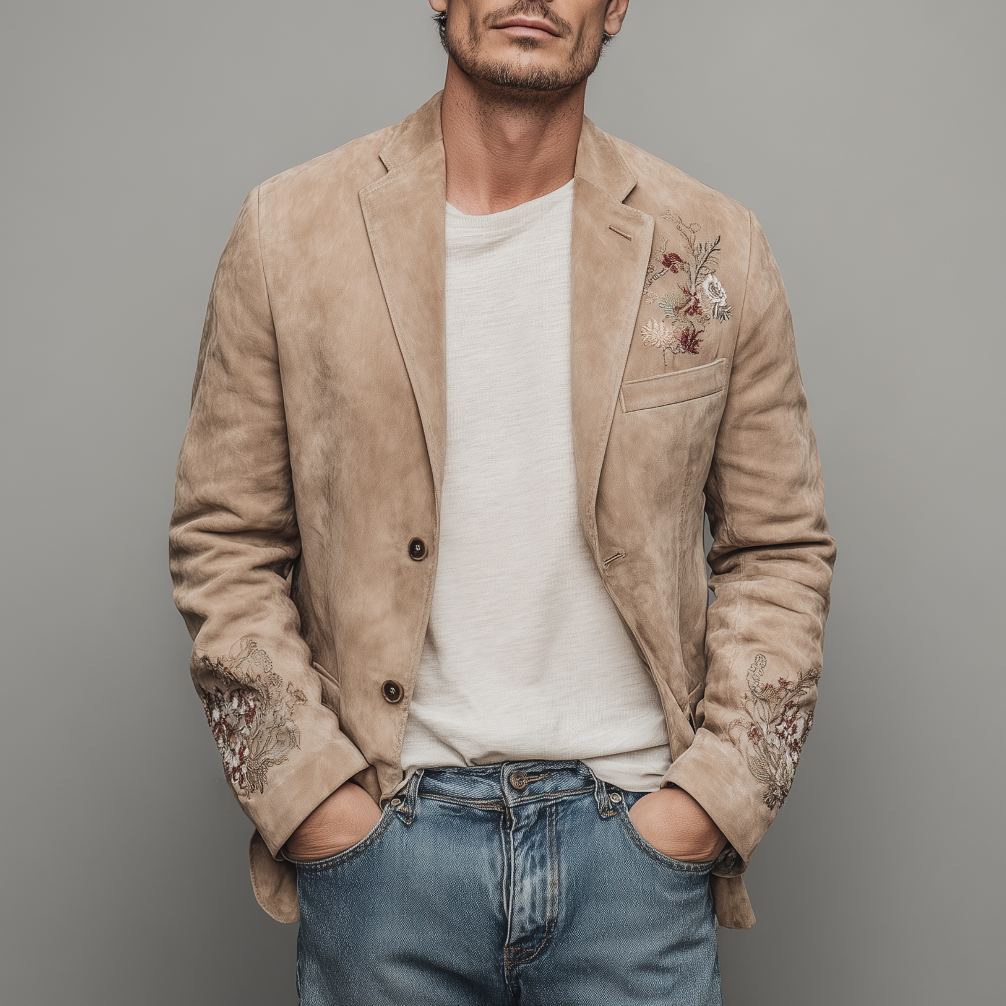 Men's Spring Fashion Casual Thin Suede Chest And Cuff Embroidery Single Breasted Blazer MTA1815G9K