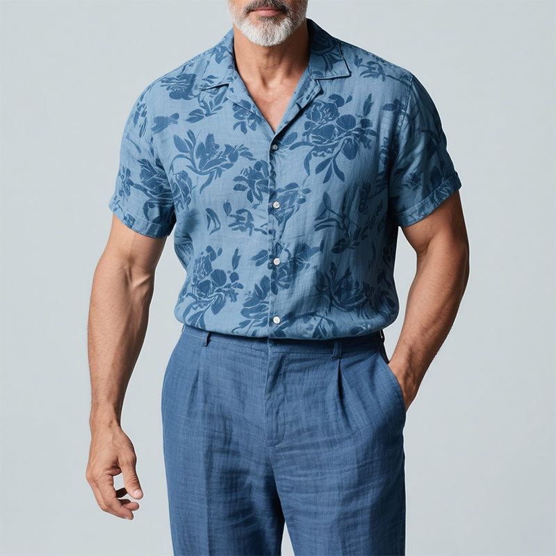 Men's Retro Casual Floral Print Linen Lapel Short Sleeve Shirt MTA2784F3TO