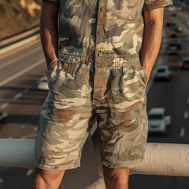 Men's Spring And Summer Fashion Casual Camouflage Cotton Blended Short Sleeve Shirt-style Jumpsuit MTA1007G4K