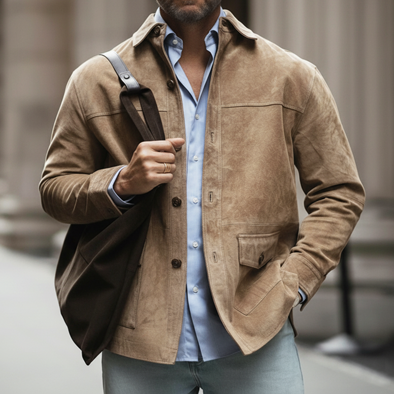 Men's Classic Business Light Khaki Suede Long-sleeved Shirt MTA0597L7U