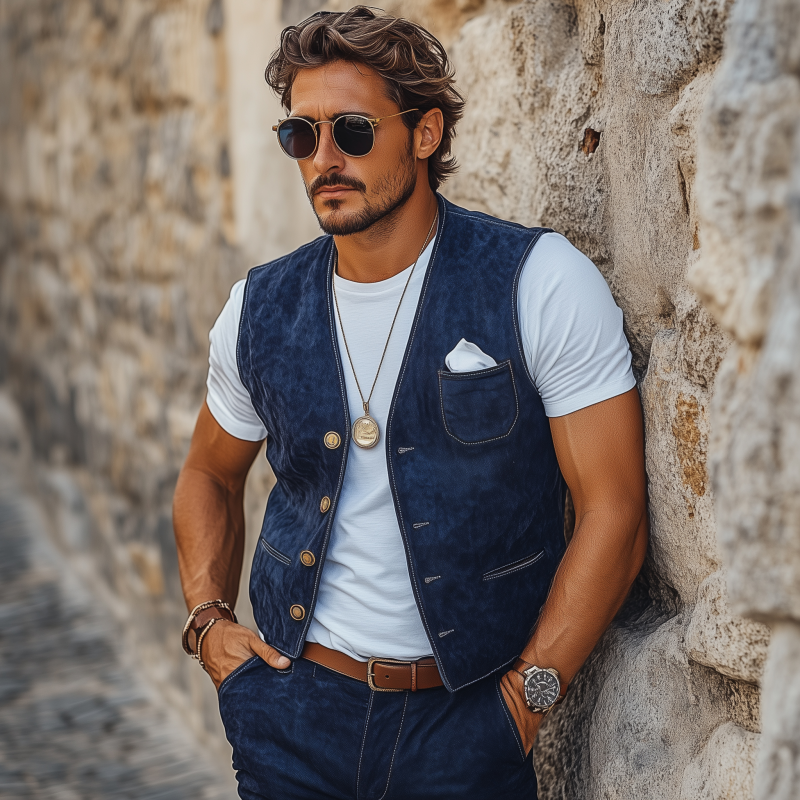 Men's Vintage Elegant Faux Suede V-Neck Single-Breasted Slim Fit Suit Vest MTA2458G5M