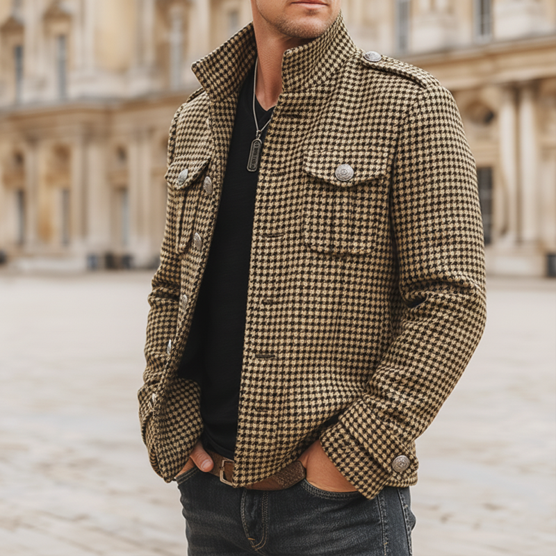 Men's Retro Stand Collar Multi-Button Houndstooth Faux Wool Jacket MTA1847K8U