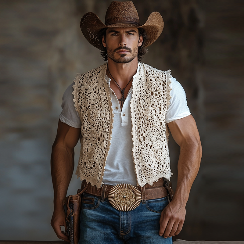 Men's Western Style Solid Color Crochet Buttonless Vest MTA1343F8Y