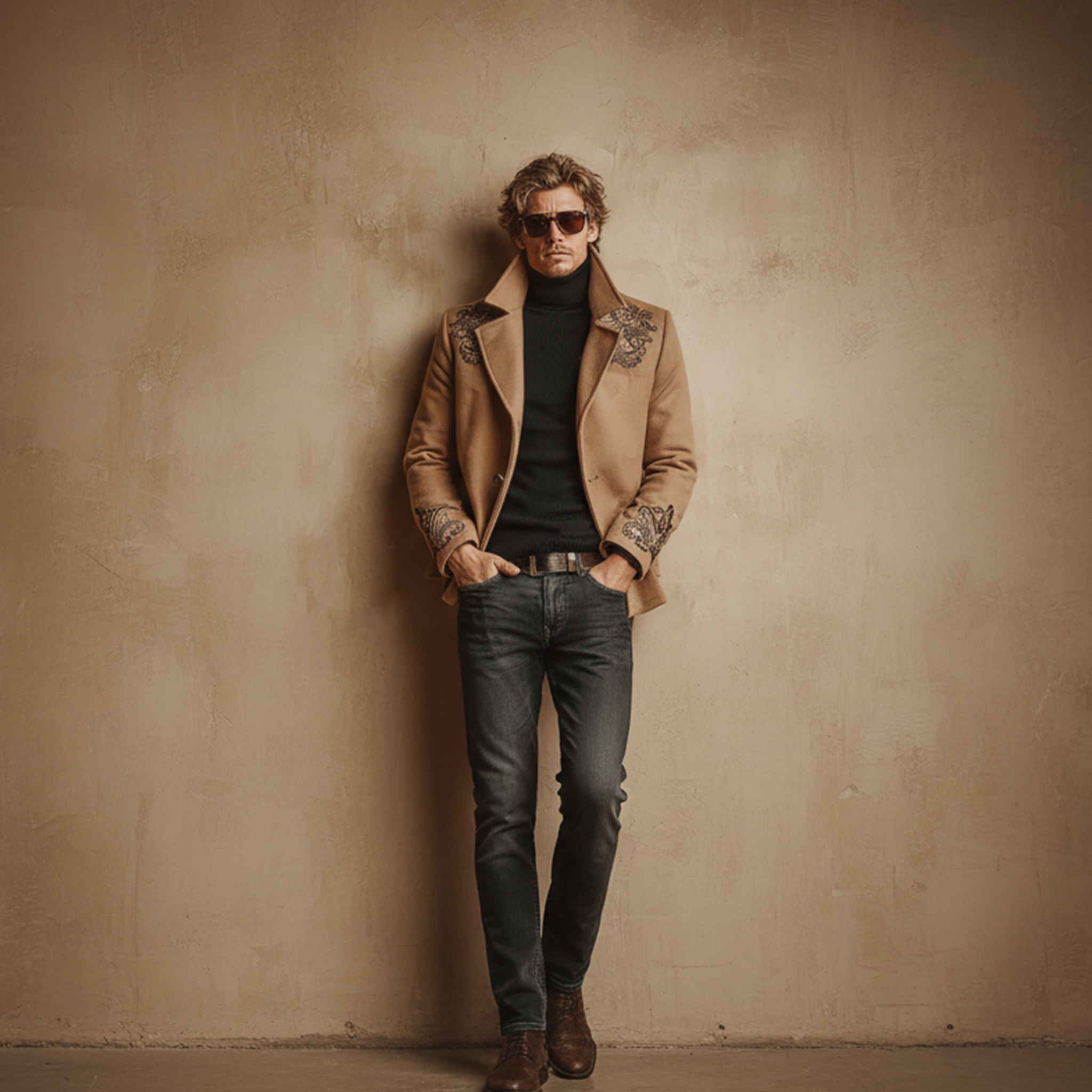 Men's Classic Retro Lapel Embroidered Faux Wool Jacket MTA0663K9K