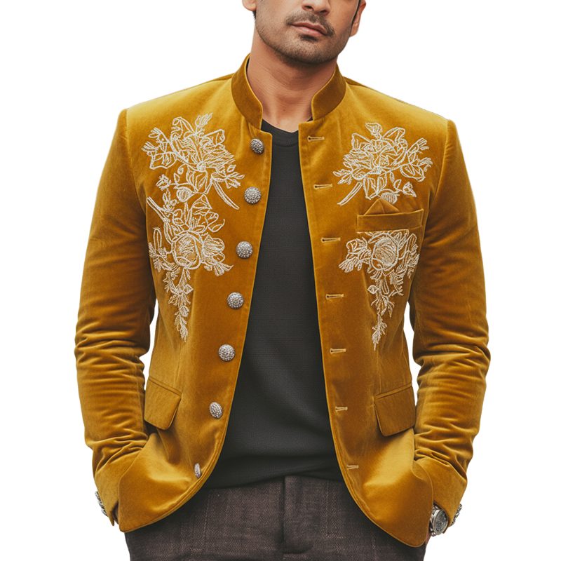 Men's Luxury Gold Yellow Velvet Embroidered Stand-collar Slim-fit Jacket MTA1032L2U