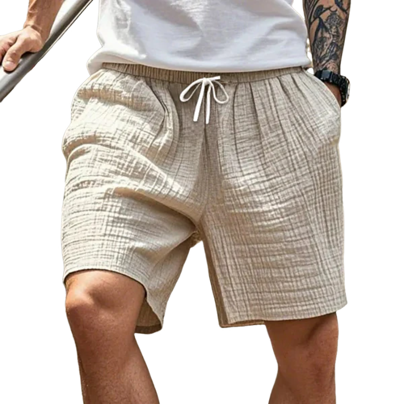 Men's Casual Breathable Cotton Linen Bubble Wrinkle Elastic Waist Loose Vacation Shorts MTA1444E1M