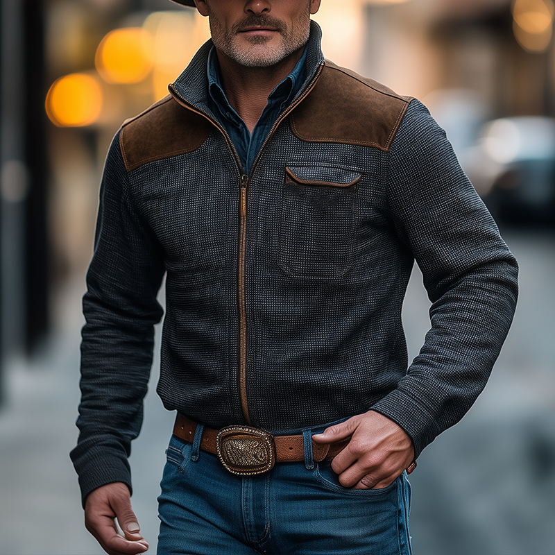 Men's Retro Small Check Faux Suede Patchwork Cloth Zipper Cardigan MTA2946J0P