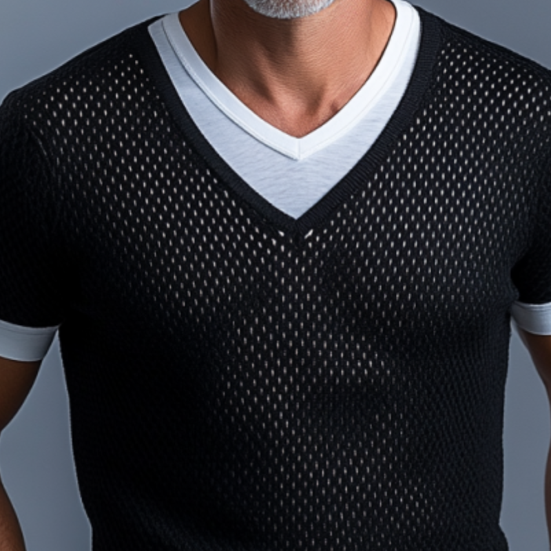 Men's Fashion Solid Color Mesh Crochet V-Neck Short Sleeve Knitted Sweater MTA0774F1Y