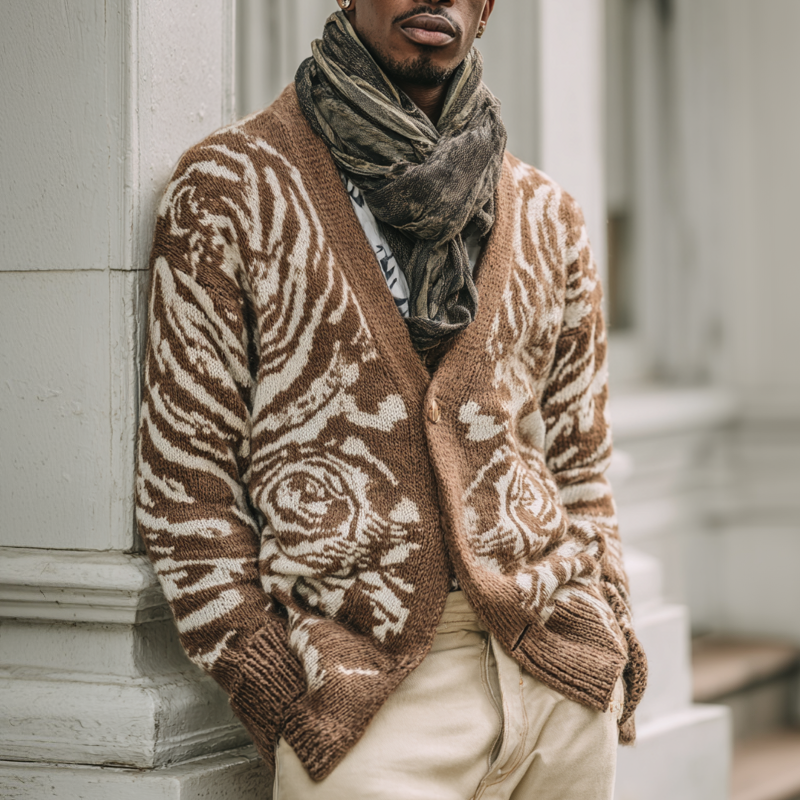 Men's Floral Pattern Knitted V Neck Single Breasted Cardigan MTA1423H4Z