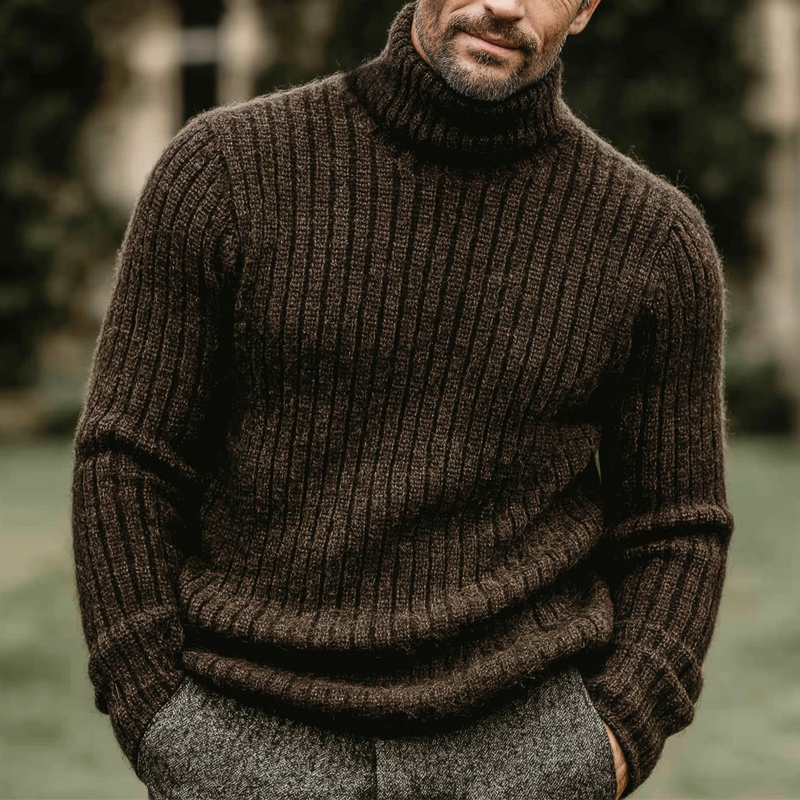 Men's Classic Vintage Dark Brown Turtleneck Ribbed Sweater MTA2750K1U