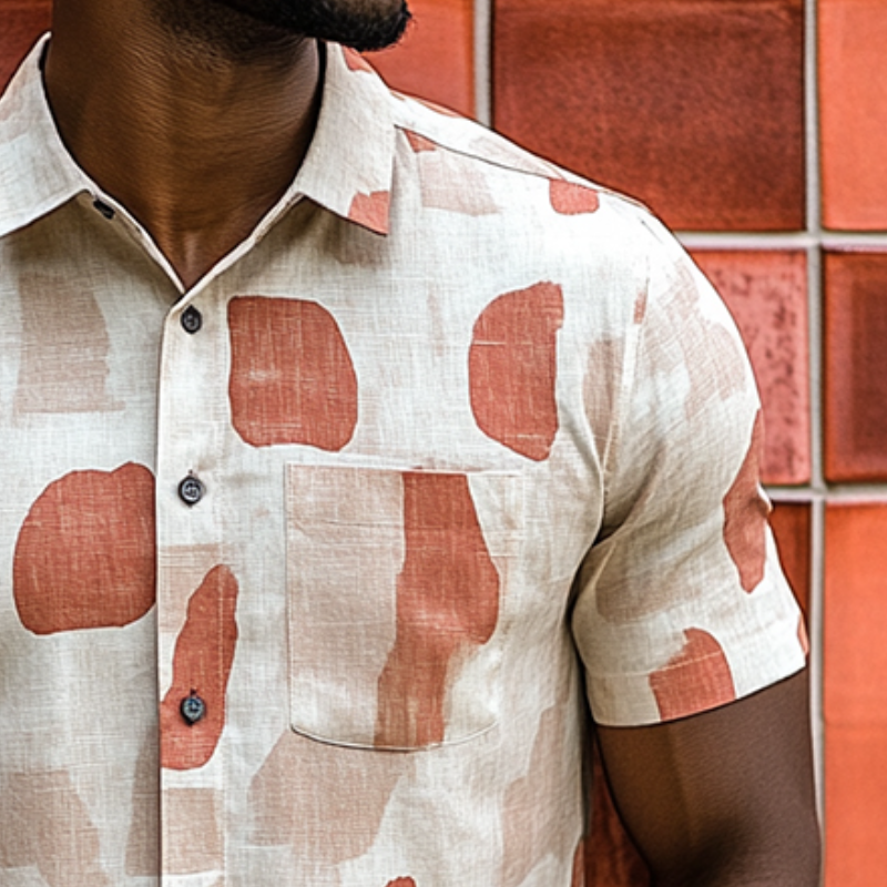 Men'S Retro Casual Geometric Contrast Print Linen Lapel Short Sleeve Shirt MTA0922E9TO