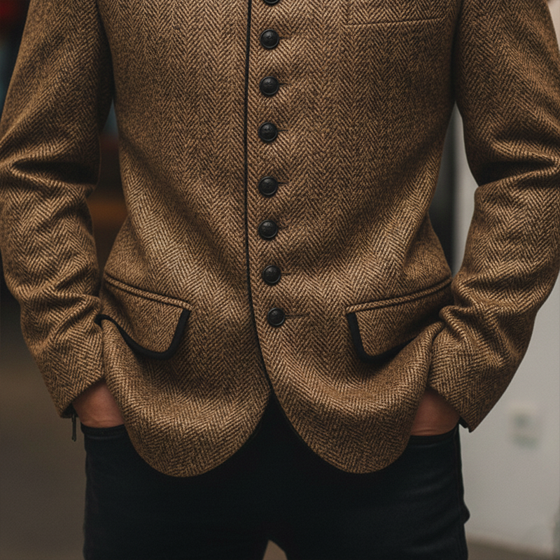 Men's Winter Retro Herringbone Faux Wool Stand Collar Coat MTA2104J7P