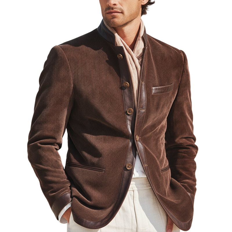 Men's Business Style Stand-collar Corduroy And PU Leather Spliced single-vent Jacket MTA2169K8U