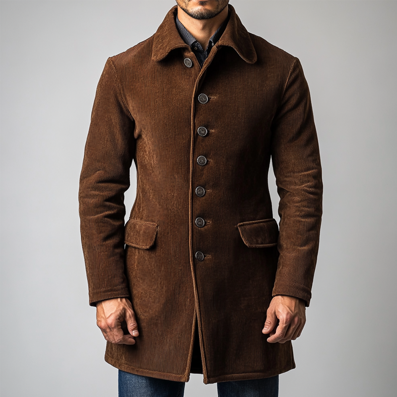 Men's Corduroy Solid Color Lapel Button Mid-Length Coat MTA1588K8X