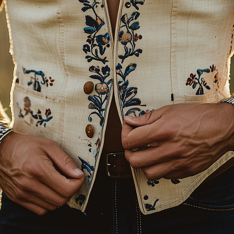 Men's Summer Fashion Embroidery Slub Linen Collared Sleeveless Vest MTA3086F2P