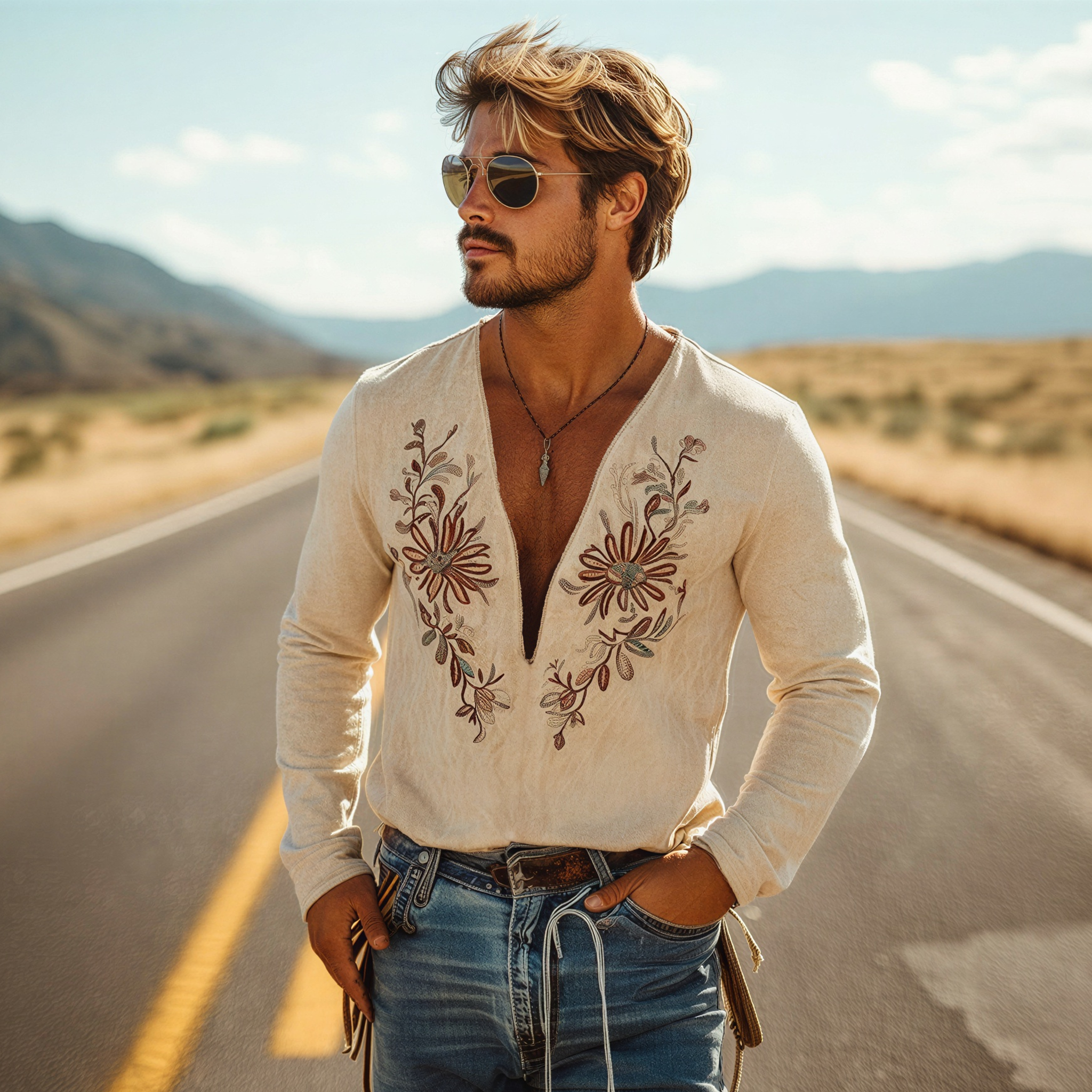 Men's Classic Casual Deep V-neck Faux Suede Embroidered Long-sleeved T-shirt MTZ0957A2K