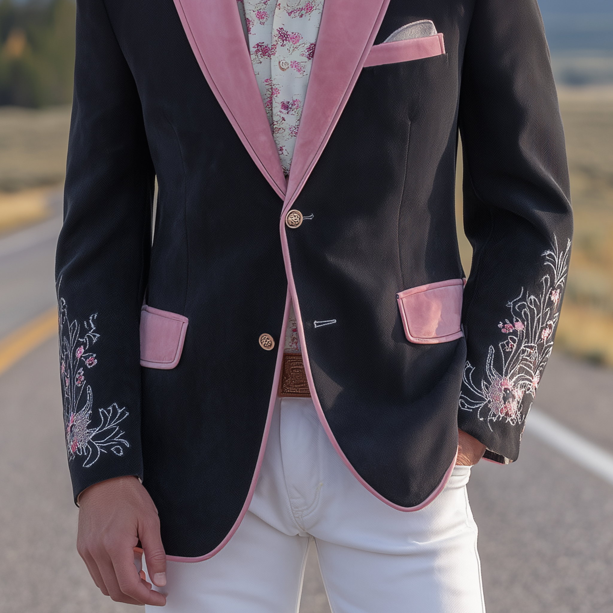 Men's Classic Retro Western Style Pink Suede And Cotton Blend Embroidered Single-breasted Blazer MTA2652H0K